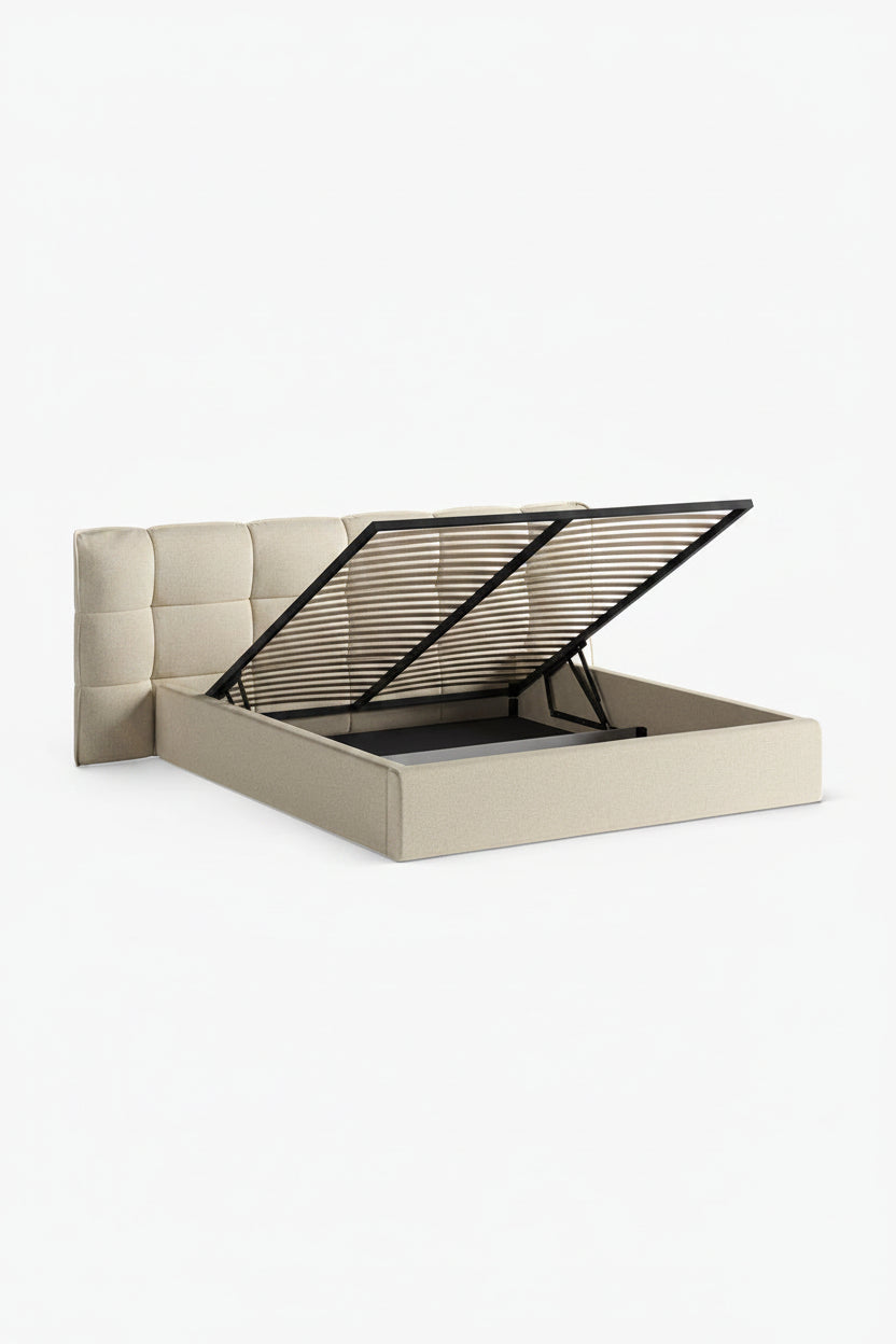 Beige upholstered bed with black metal frame on a white background