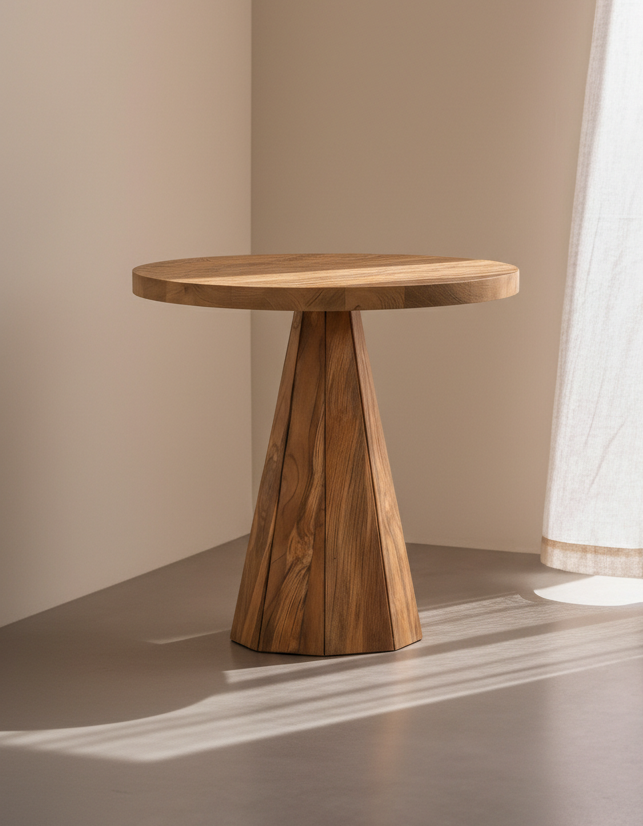 Wooden side table against a beige wall with a curtain in the background